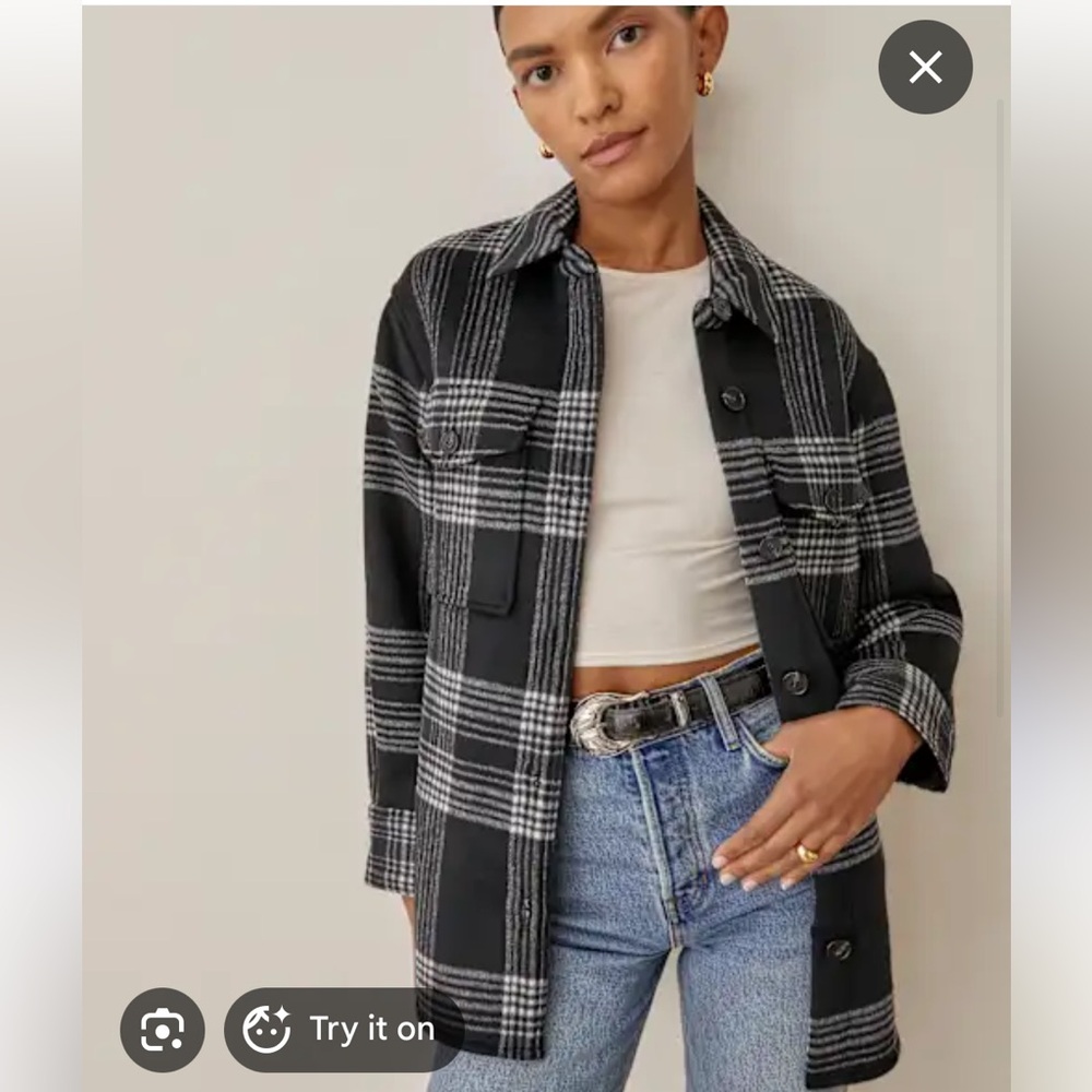 Reformation Giles wool shirt jacket in black and white plaid
